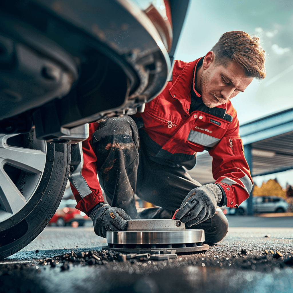 picture of a mobile mechanic replacing the rotors and brakes of a car